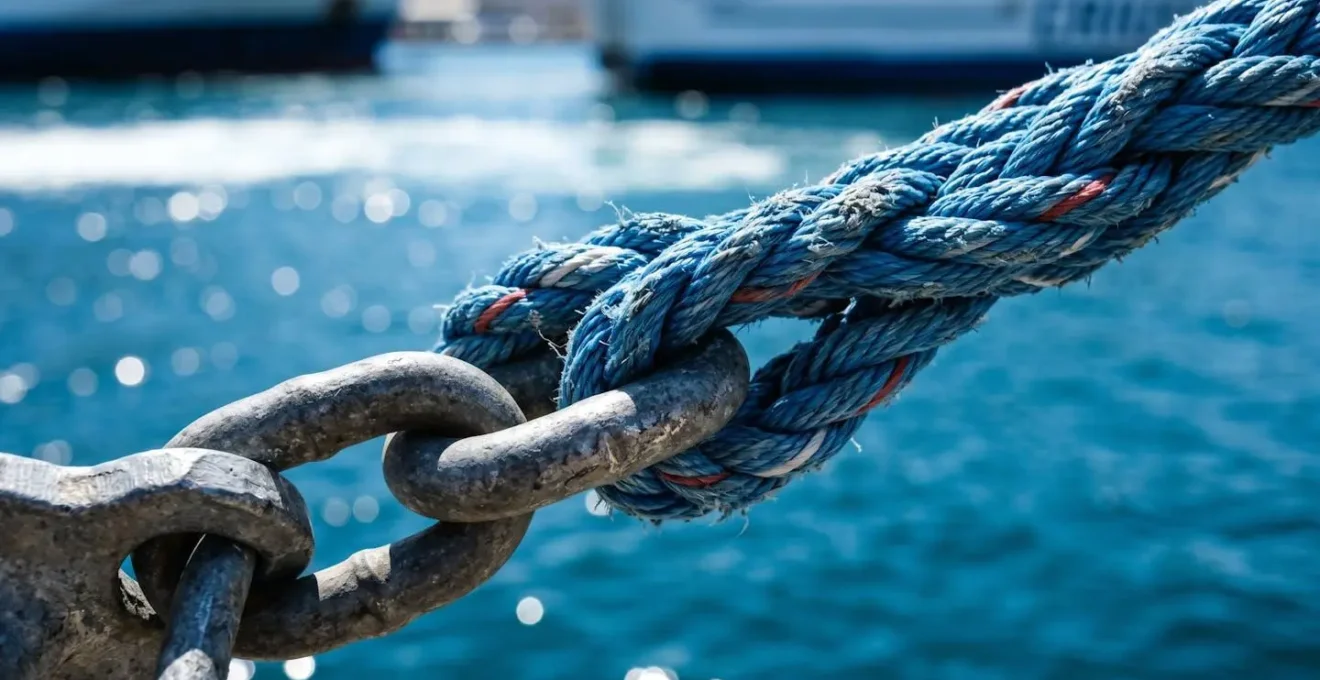 Extreme Nahaufnahme eines modernen Schiffsankers mit Seil, scharfer Fokus auf Metallstruktur, unscharfer blauer Mittelmeerhintergrund