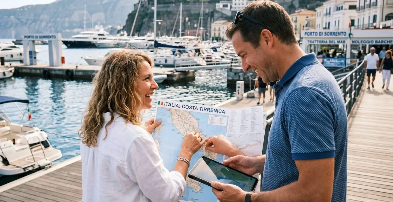Ein Paar betrachtet gemeinsam eine Karte und eine Tablet-Bildschirm in einem modernen mediterranen Hafen, Rückenansicht bei Tageslicht