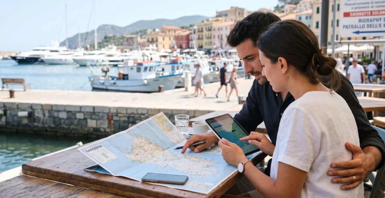 Ein Paar betrachtet gemeinsam eine Karte und eine Tablet-Bildschirm in einem modernen mediterranen Hafen, Rückenansicht bei Tageslicht