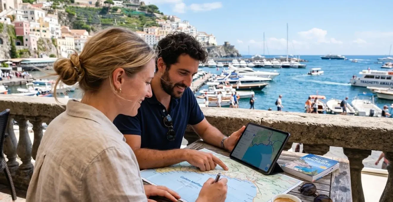 Ein Paar betrachtet gemeinsam eine Karte und eine Tablet-Bildschirm in einem modernen mediterranen Hafen, Rückenansicht bei Tageslicht