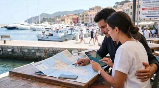 Ein Paar betrachtet gemeinsam eine Karte und eine Tablet-Bildschirm in einem modernen mediterranen Hafen, Rückenansicht bei Tageslicht