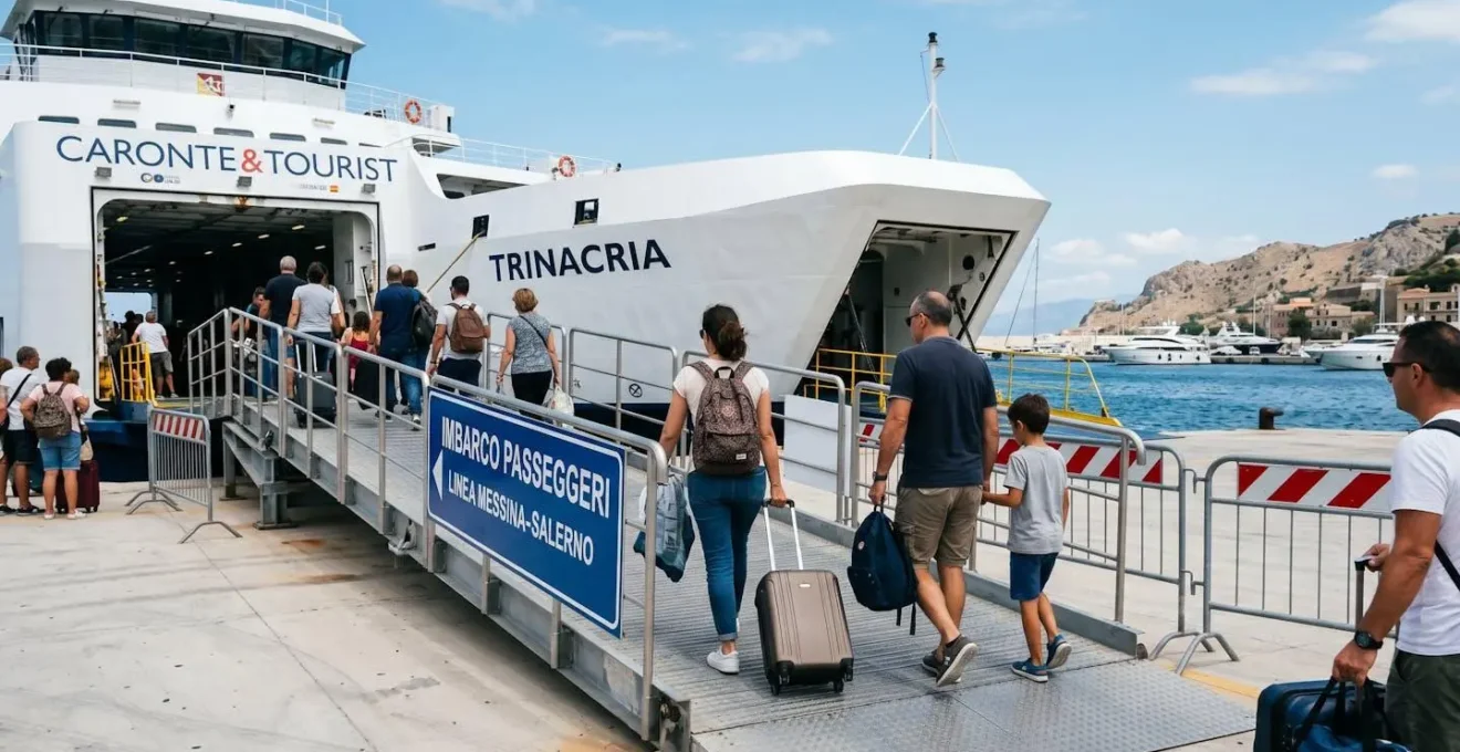Passagiere steigen von hinten gesehen auf eine moderne Fähre, natürliche Boarding-Szene im mediterranen Hafen bei Tageslicht