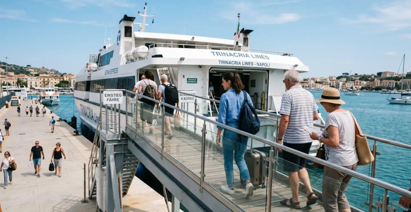 Passagiere steigen von hinten gesehen auf eine moderne Fähre, natürliche Boarding-Szene im mediterranen Hafen bei Tageslicht