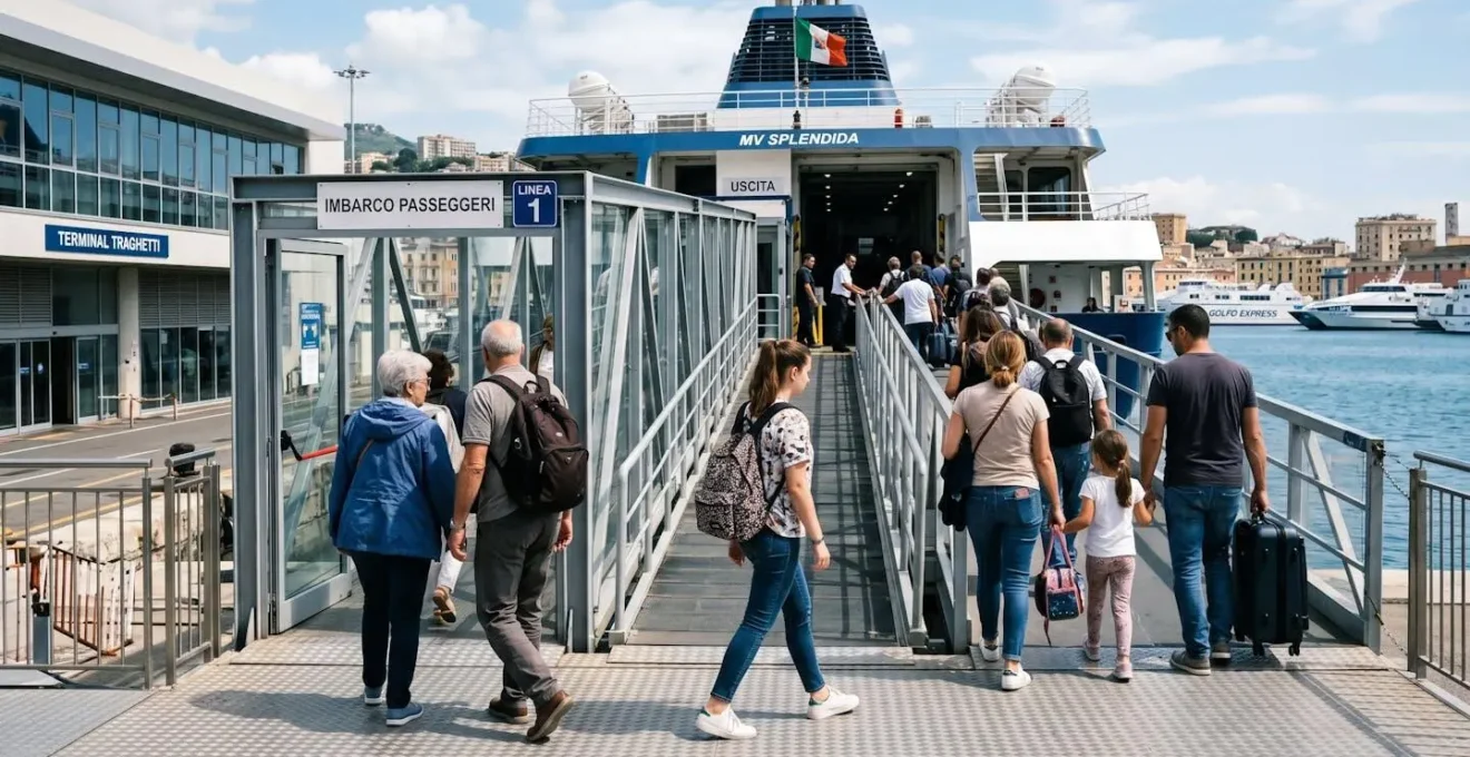 Passagiere steigen von hinten gesehen auf eine moderne Fähre, natürliche Boarding-Szene im mediterranen Hafen bei Tageslicht